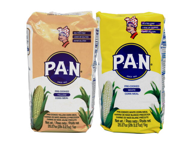 P.A.N. White and Yellow Corn Meal Bundle – Pre-cooked Gluten Free and Kosher Flour for Arepas, 1 kg (35 oz / 2 lb 3.3 oz) ea.